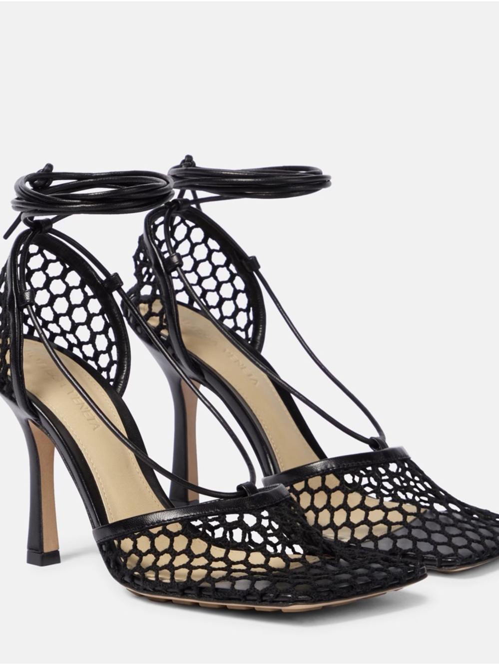 Bottega Veneta Black Lace Open-Weave Ankle-Tie Heels